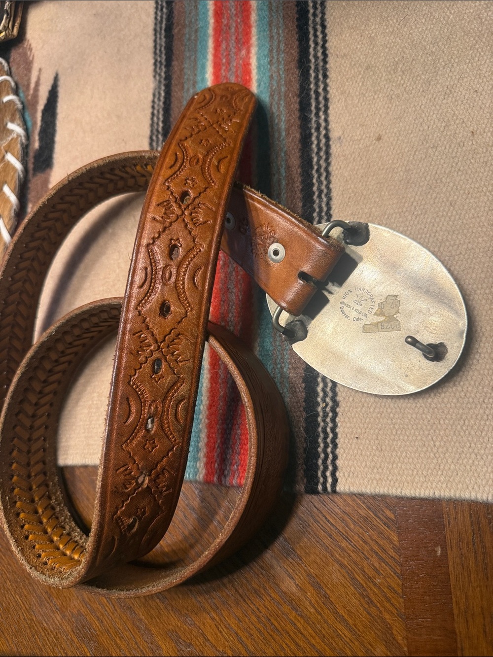 Men's Johnson & Held Silver Deer w/ Turquoise Inlay Buckle + Brown Leather Belt - Picture 6 of 7